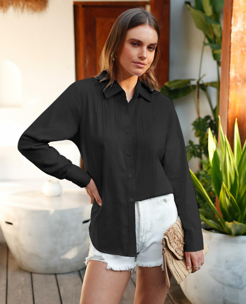 Siliteelon Women's Linen Button Down Shirt Black Long Sleeve Casual Size 2XL