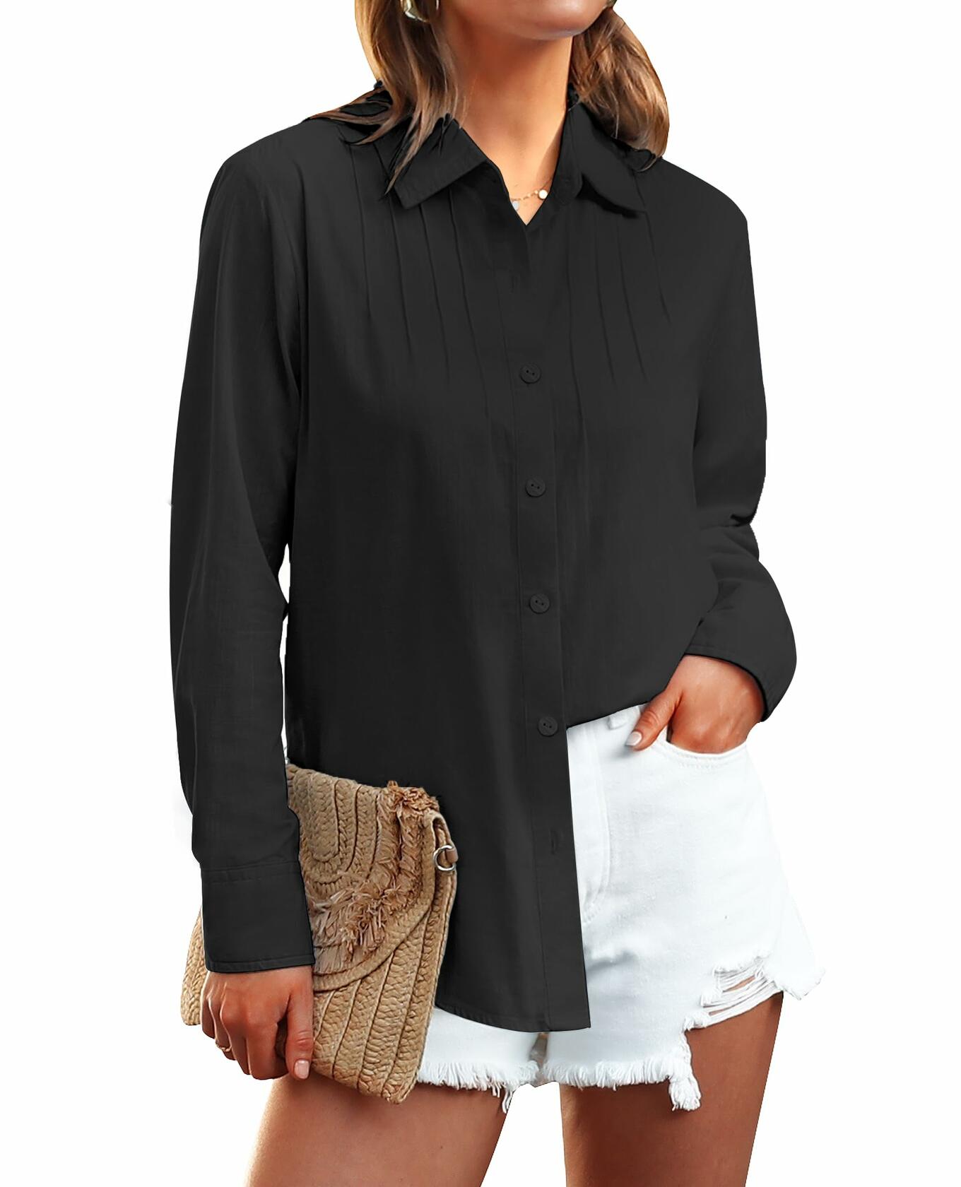 Siliteelon Women's Linen Button Down Shirt Black Long Sleeve Casual Size 2XL