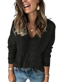 EVALESS Women's Medium Black V Neck Striped Sweater Pullover Knit Top