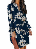 QACOHU V-Neck Mini Dress Blue Flower Long Sleeve Size S