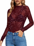 Rooscier Women's Sheer Mesh Mock Neck Long Sleeve Slim Fit Top Red Size M