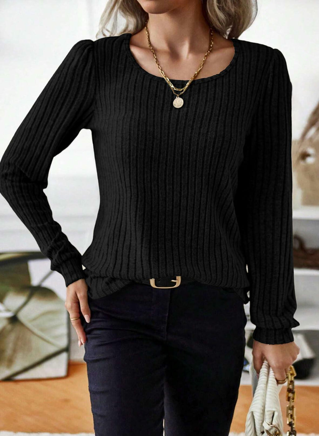 Samefar Womens Black Long Sleeve Tunic Top Small Stretchy Knit Lightweight