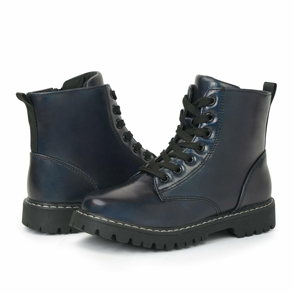 firelli Kids Ankle Boots Navy Side Zipper Lace Up Combat Boots Size 1 US