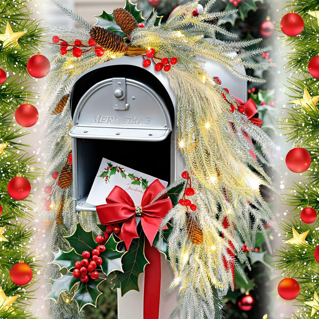 Chuangdi 36" Prelit Christmas Mailbox Swag Wreath with Pine Cones & Red Berries