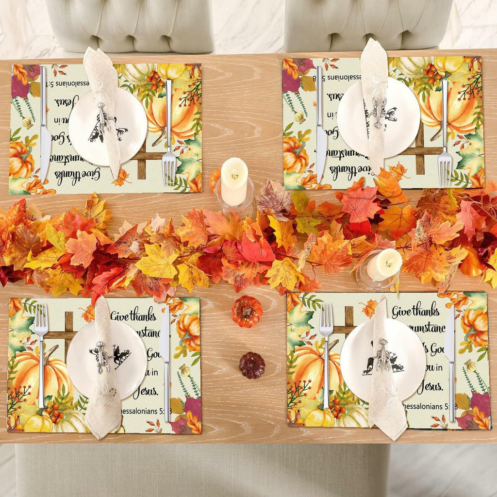 Vintage Thanksgiving Placemats Linen Pumpkin Leaves 12x18in 4PCS