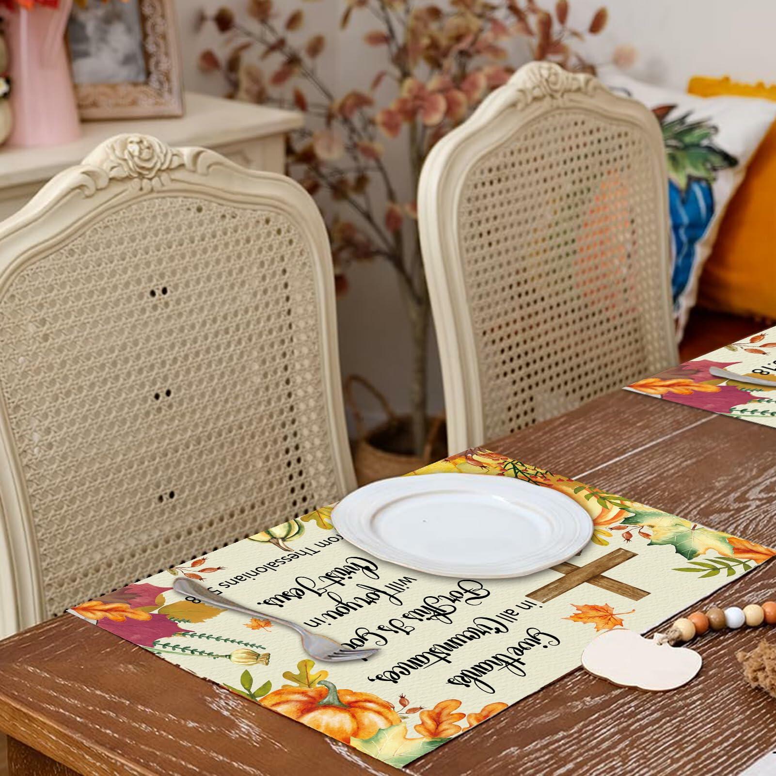 Vintage Thanksgiving Placemats Linen Pumpkin Leaves 12x18in 4PCS