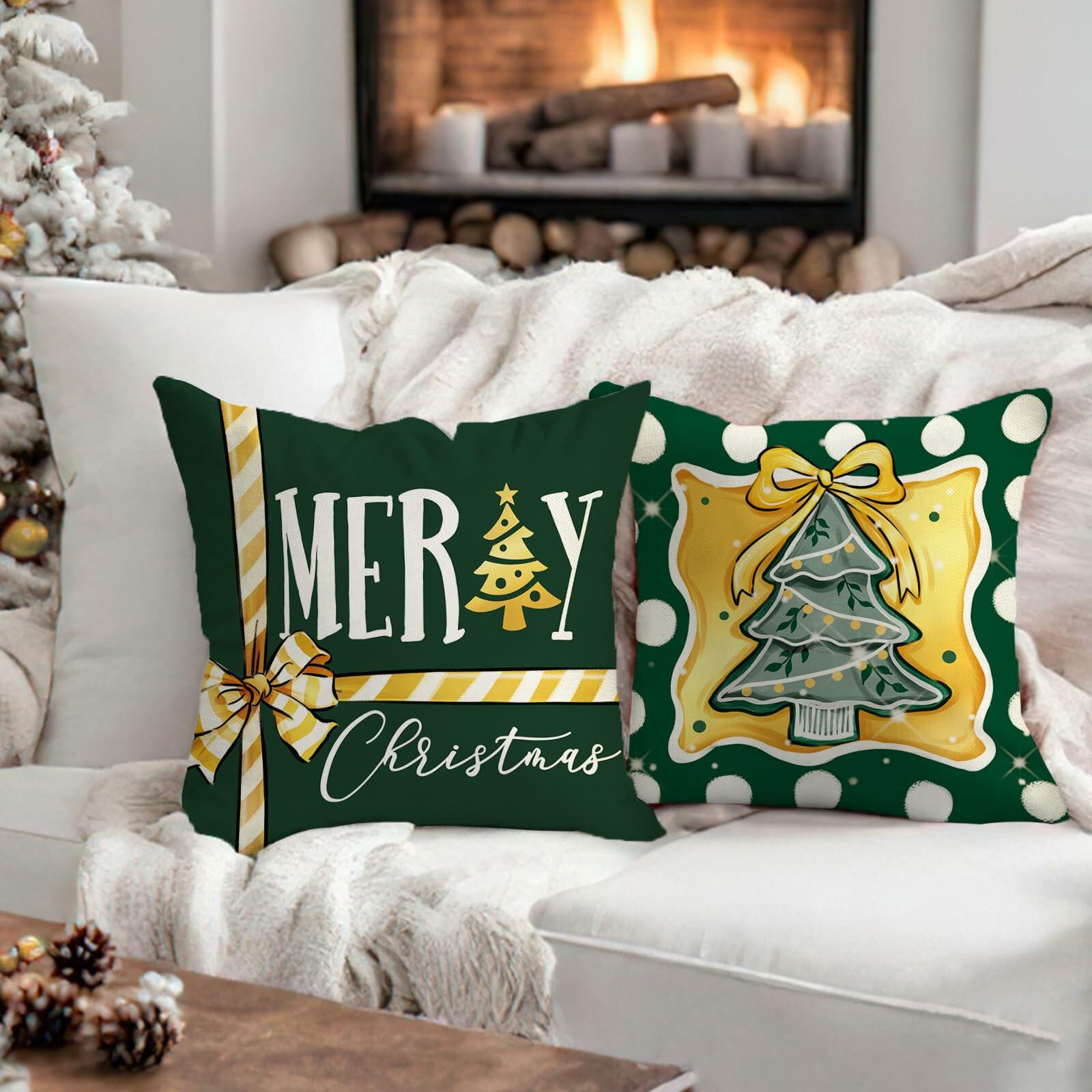 Fahrendom 4-Pack 16x16 Red Green Xmas Tree Snowflake Outdoor Pillow Covers