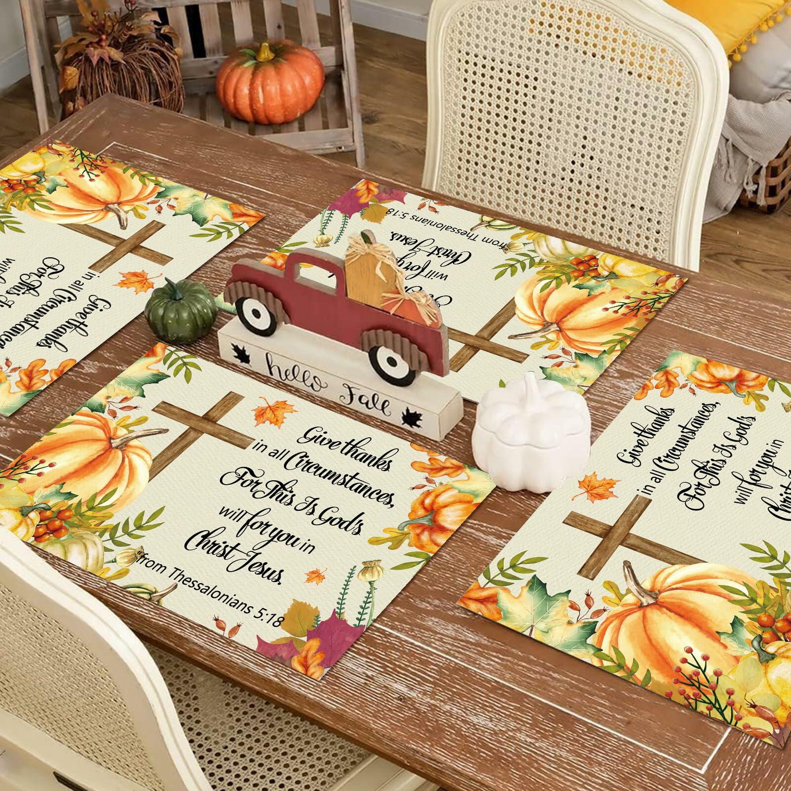 Vintage Thanksgiving Placemats Linen Pumpkin Leaves 12x18in 4PCS