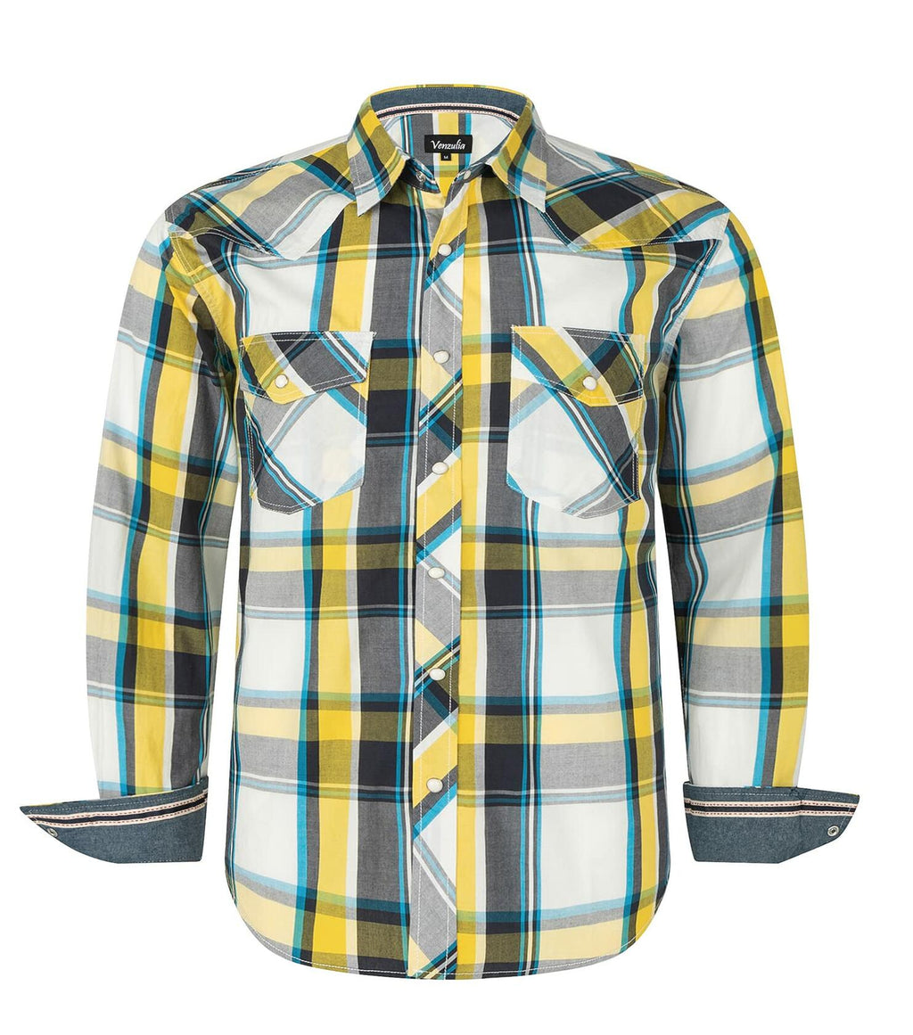 VENZULIA Men's Western Snap Long Sleeve Plaid Shirt White Size 2XL