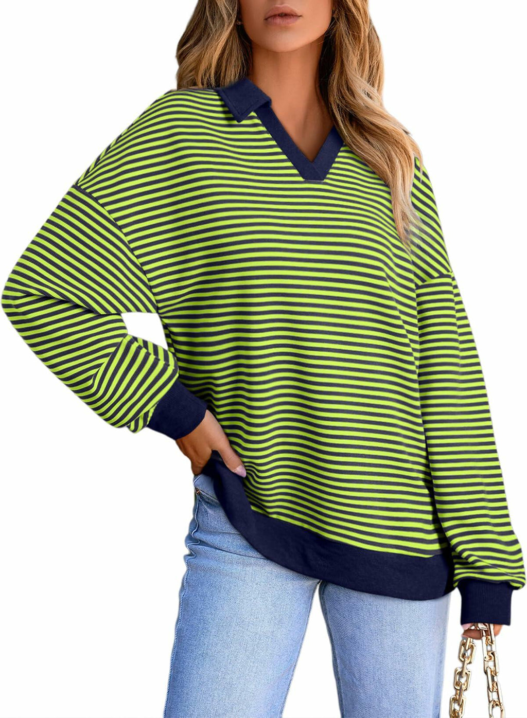AlvaQ Women's Oversized Black Sweatshirt Large V Neck Long Sleeve 2024