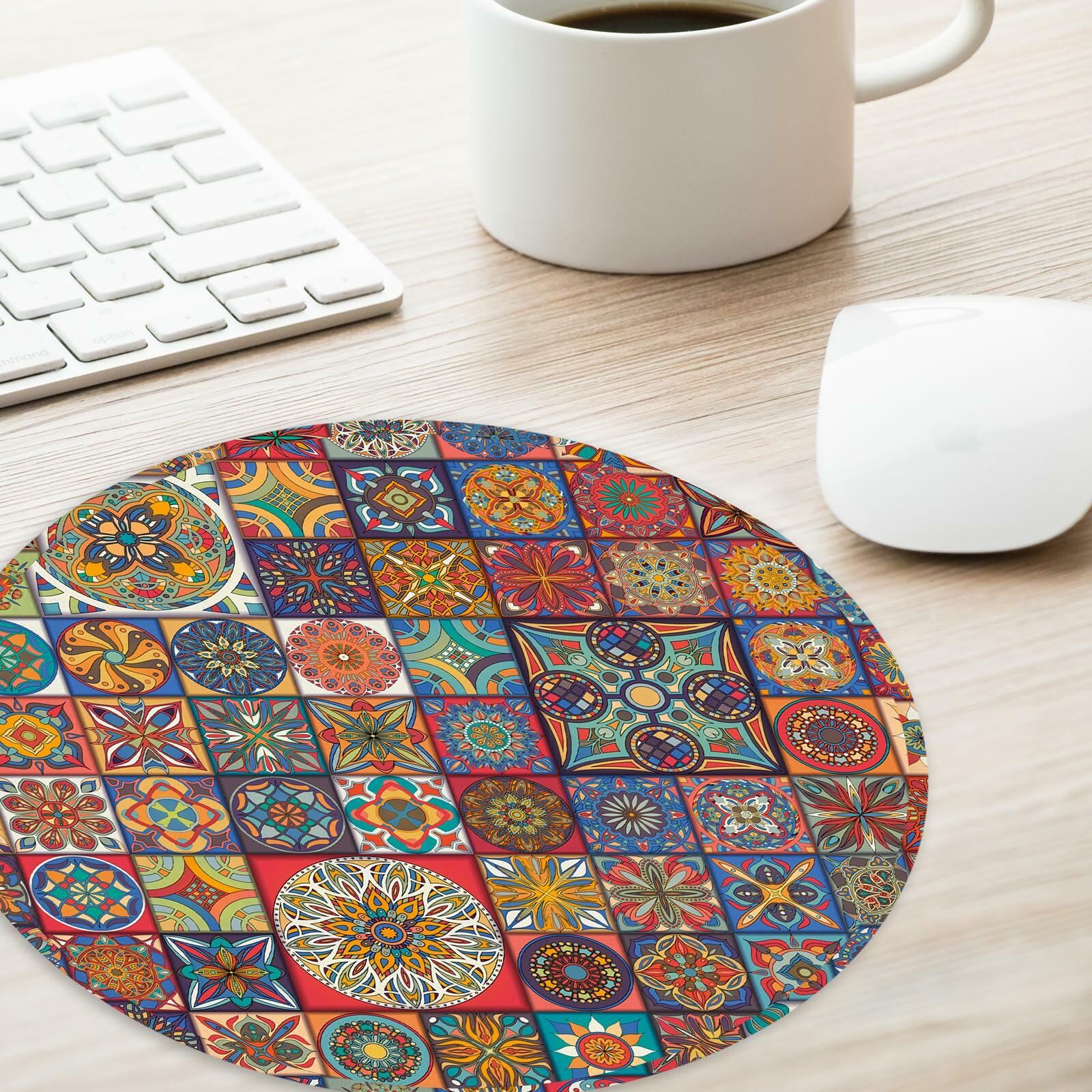 Boho Round Mouse Pad 8.7in Non-Slip Rubber Base Home Office Decor