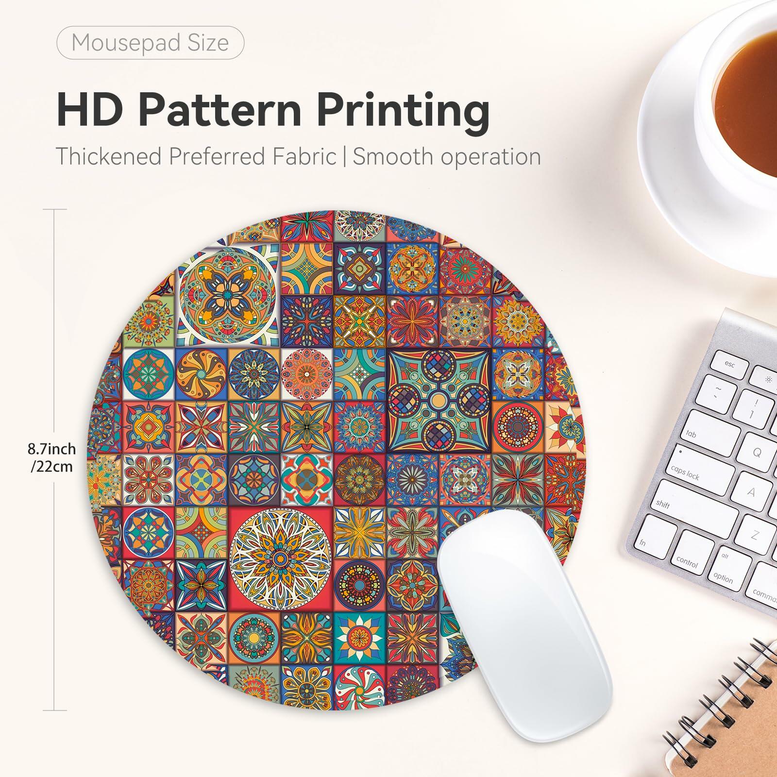 Boho Round Mouse Pad 8.7in Non-Slip Rubber Base Home Office Decor