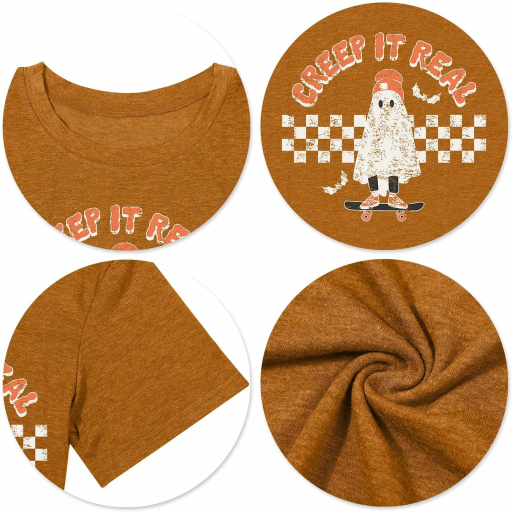 HQP Halloween Ghost T-Shirt Women Brown Graphic Fall Top Spooky Skateboard