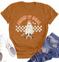 HQP Halloween Ghost T-Shirt Women Brown Graphic Fall Top Spooky Skateboard