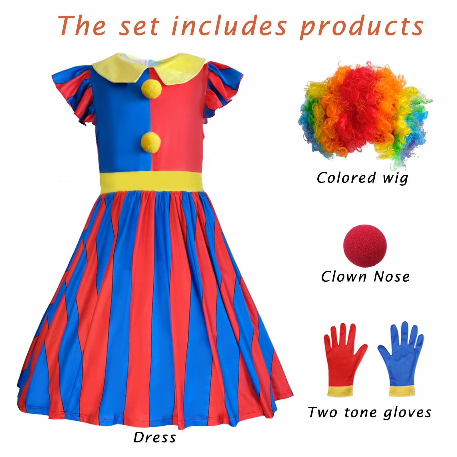 FINASKASU Girls Clown Costume 4 Pcs Set, Halloween Costume 5-6Y