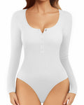 MANGOPOP Ribbed Long Sleeve Bodysuit Thong Seamless Tummy Control Size M