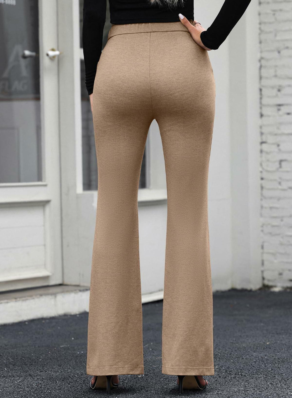 EVALESS Women's Khaki High Waisted Stretchy Flared Work Pants Medium