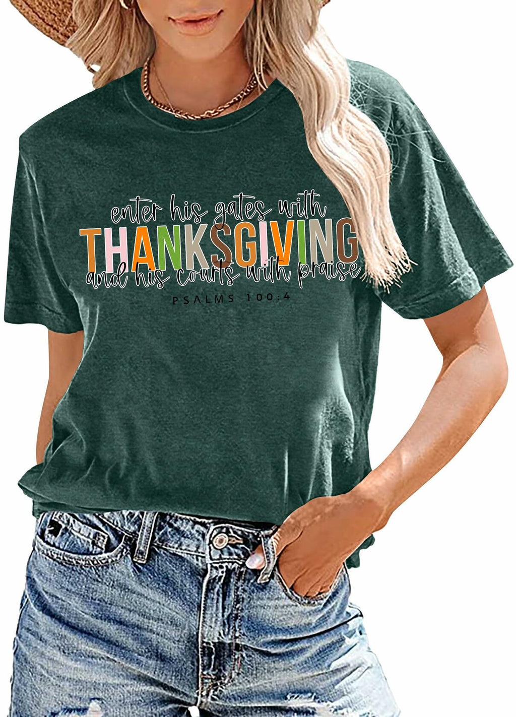 ELDPS Thanksgiving Shirt Women Casual Fall Top Thankful Tee Single Unit - Size L