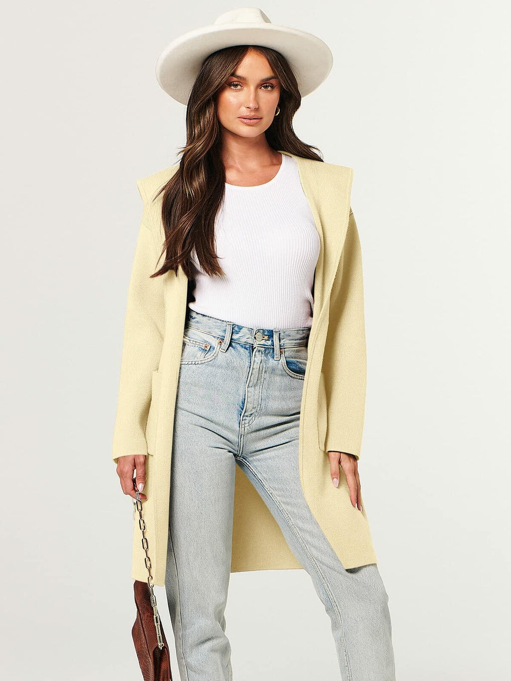 ANRABESS Women Cardigan Open Front Knit Hoodie Sweater Coatigan XS Beige