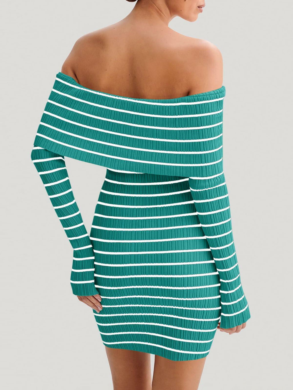 Wenrine Womens Off Shoulder Knit Mini Dress Blue Bodycon Long Sleeve Size S