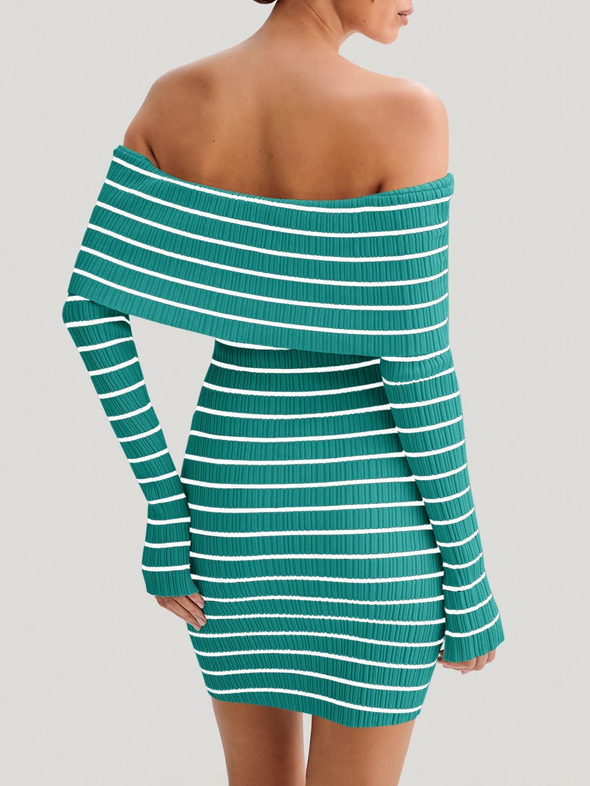 Wenrine Womens Off Shoulder Knit Mini Dress Blue Bodycon Long Sleeve Size S