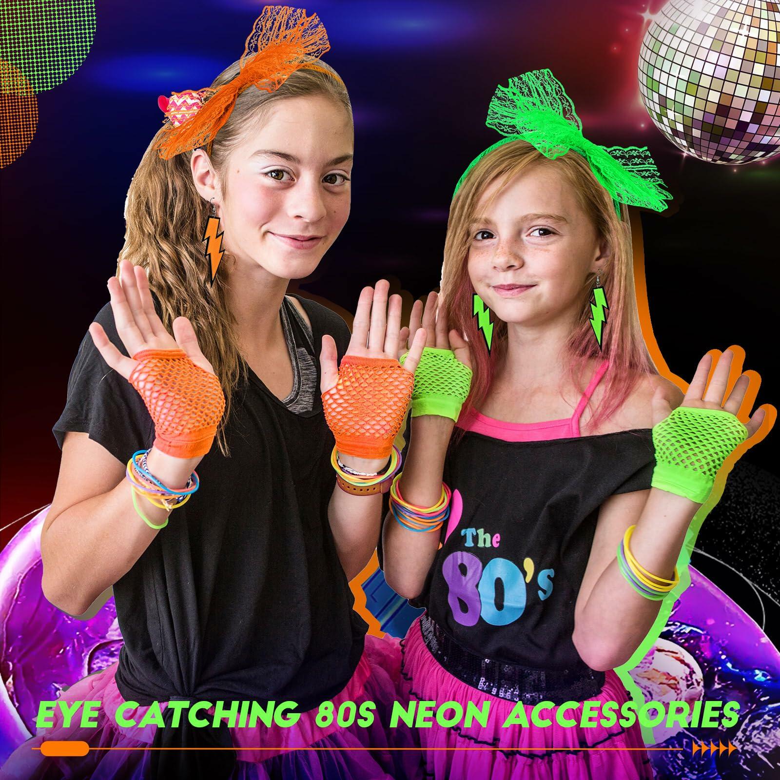 Maiteenly 80s Costume Accessories Set Lace Headband Neon Earrings Gloves