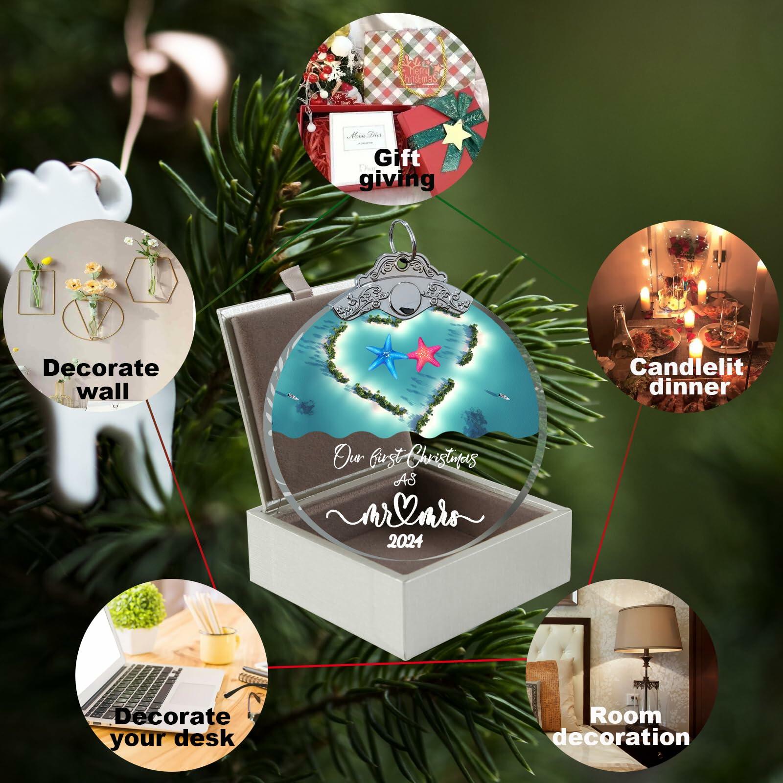 Just Married 3" Glass Ornament 2024 Wedding Couple Gift with Gift Box
