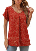 QUEZHU Women's V Neck Short Sleeve Chiffon Blouse Wine Red Size Small