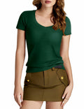 Amoretu Dark Green Slim Fit V Neck T Shirt Short Sleeve Basic Top Size L