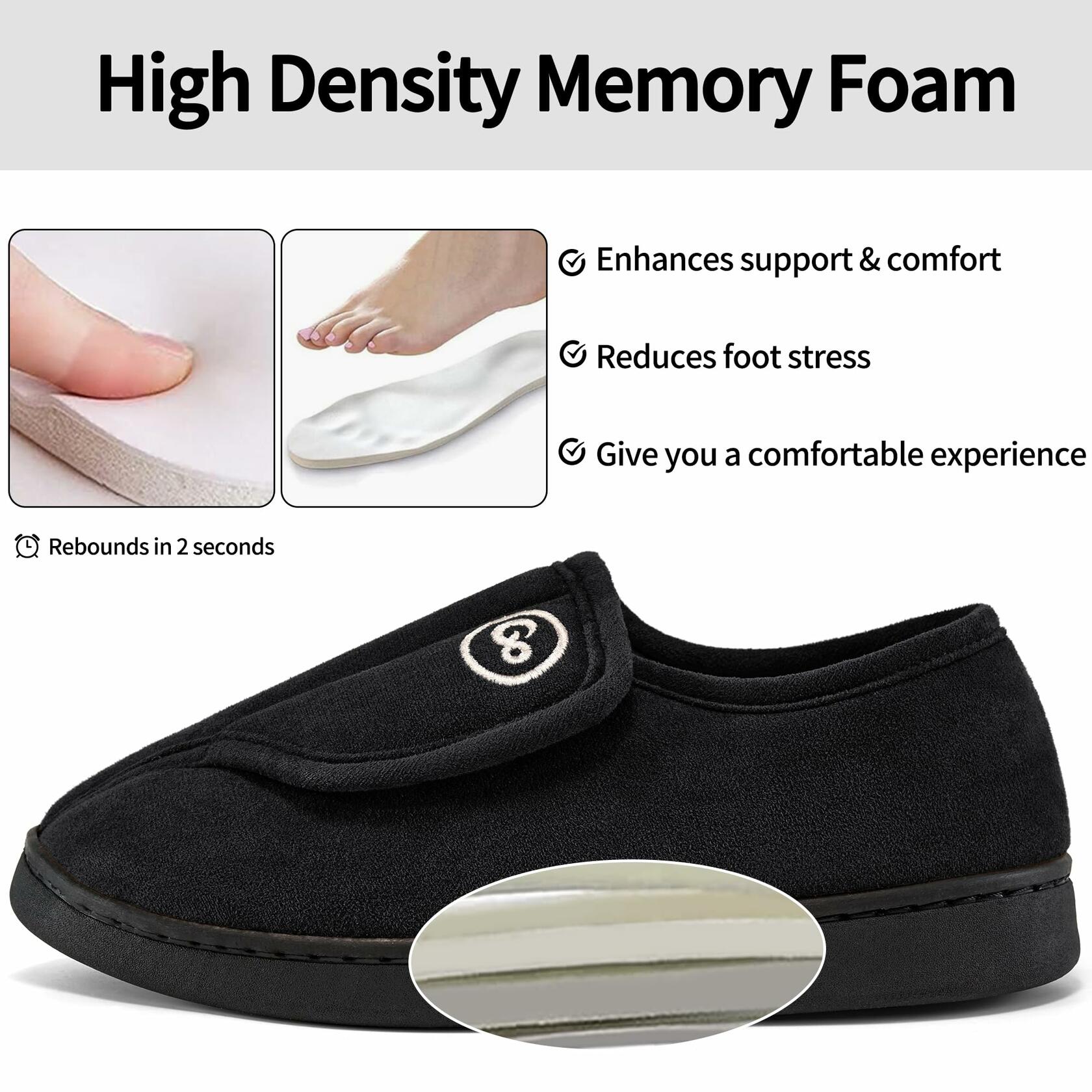 HARENCE Women's Adjustable Memory Foam Fur Lined Slippers Black Size 42/43