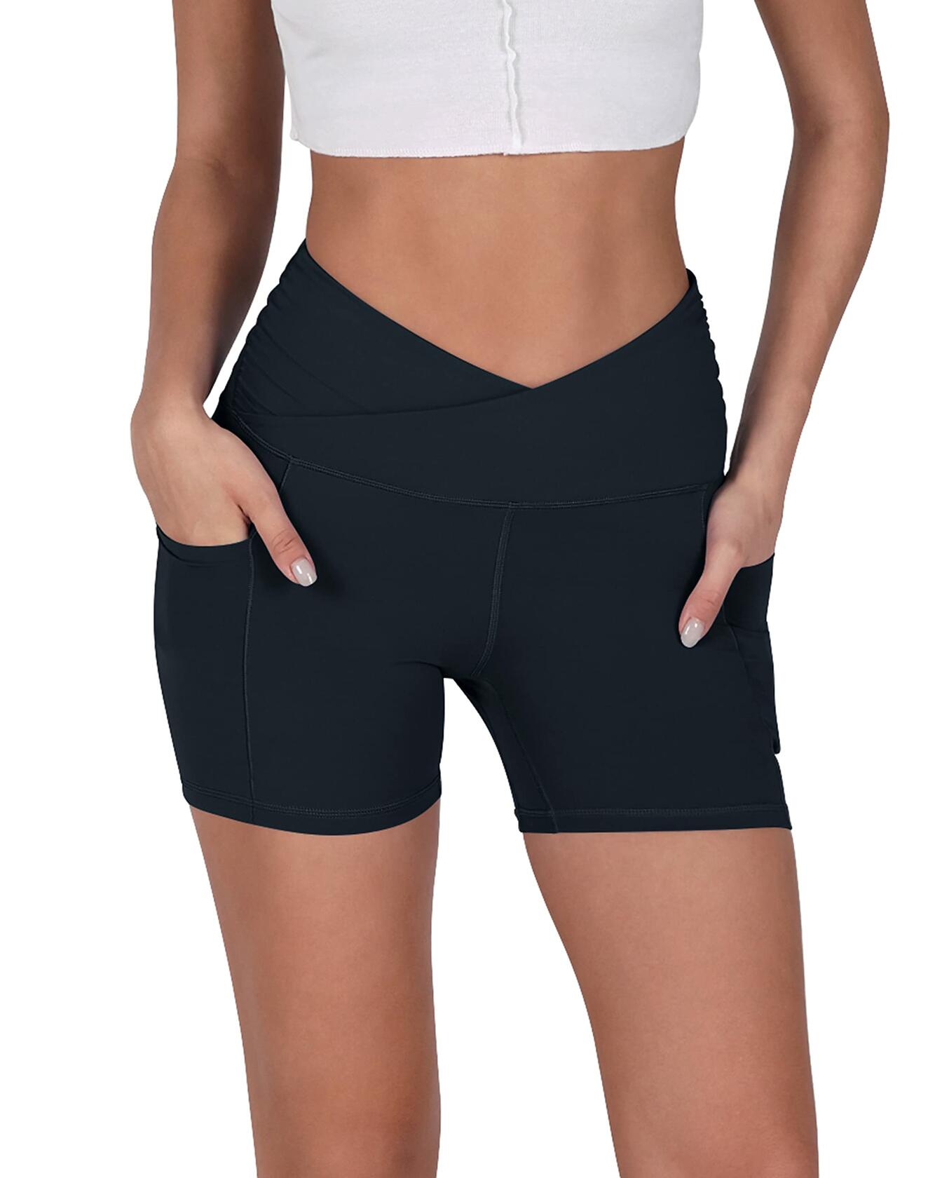 ODODOS Gathered Cross Waist Yoga Shorts with Pockets Navy Size XS
