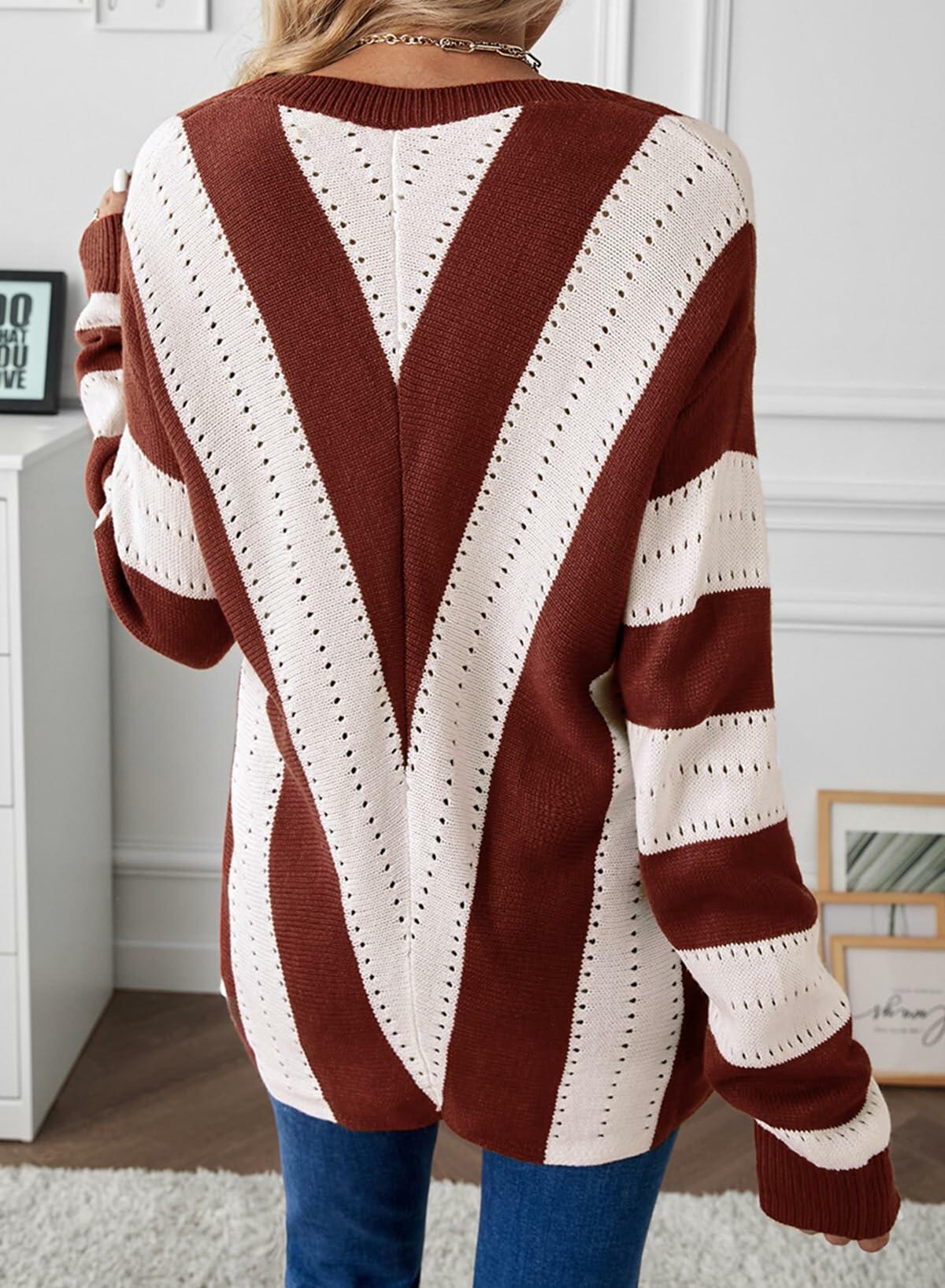 EVALESS Womens Brown Striped Knit Sweater Long Sleeve Pullover Size S