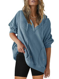 SENSERISE Womens Oversized V Neck Waffle Knit Hoodie Dusty Blue Size S