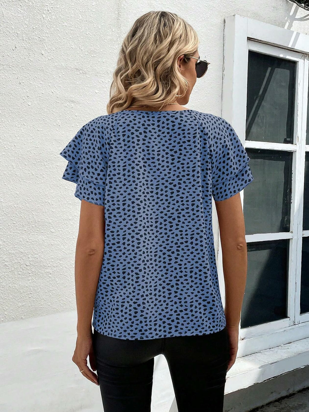 SOLY HUX Women's Ruffle Short Sleeve Blouse Casual Round Neck Blue Black Size S