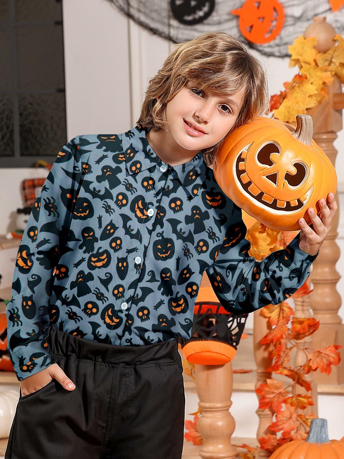 Boys Halloween Ghost Pumpkin Long Sleeve Button-Up Shirt Size 7-8
