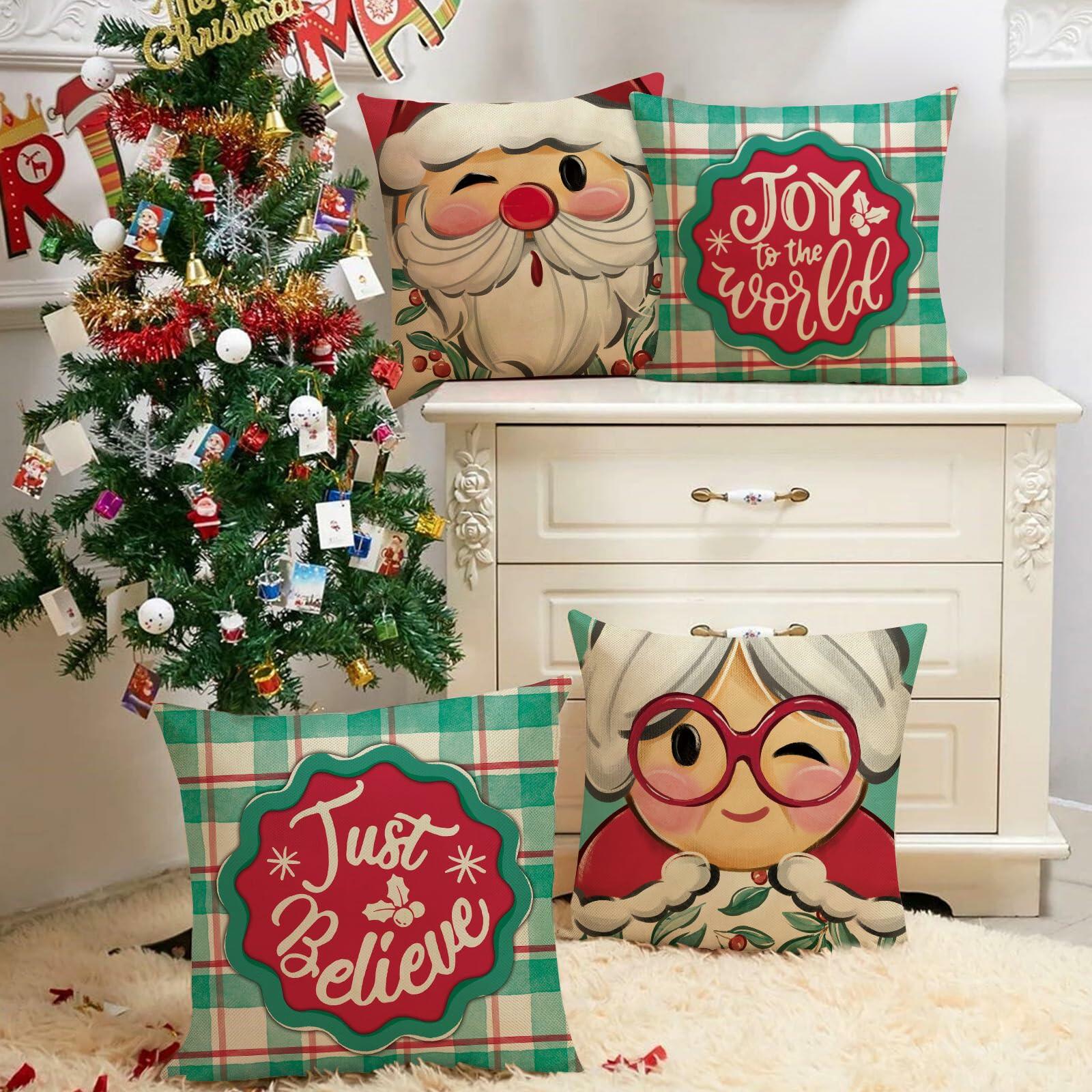Fjfz Christmas Santa Mrs Claus Throw Pillow Covers 20x20 Green Set of 4