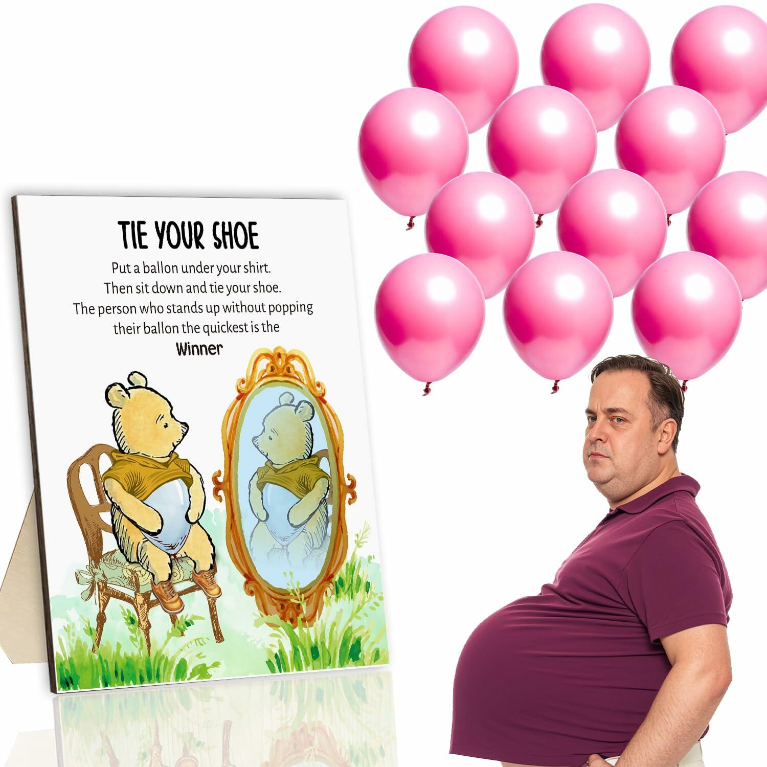 Tie Your Shoe Baby Shower Game Winnie Bear Wood Frame Pink Balloon 50 Pcs