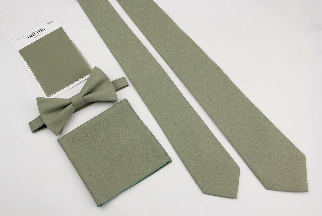 Mens Solid Linen Tie and Pocket Square Set Extra Long Sage Green Size Regular