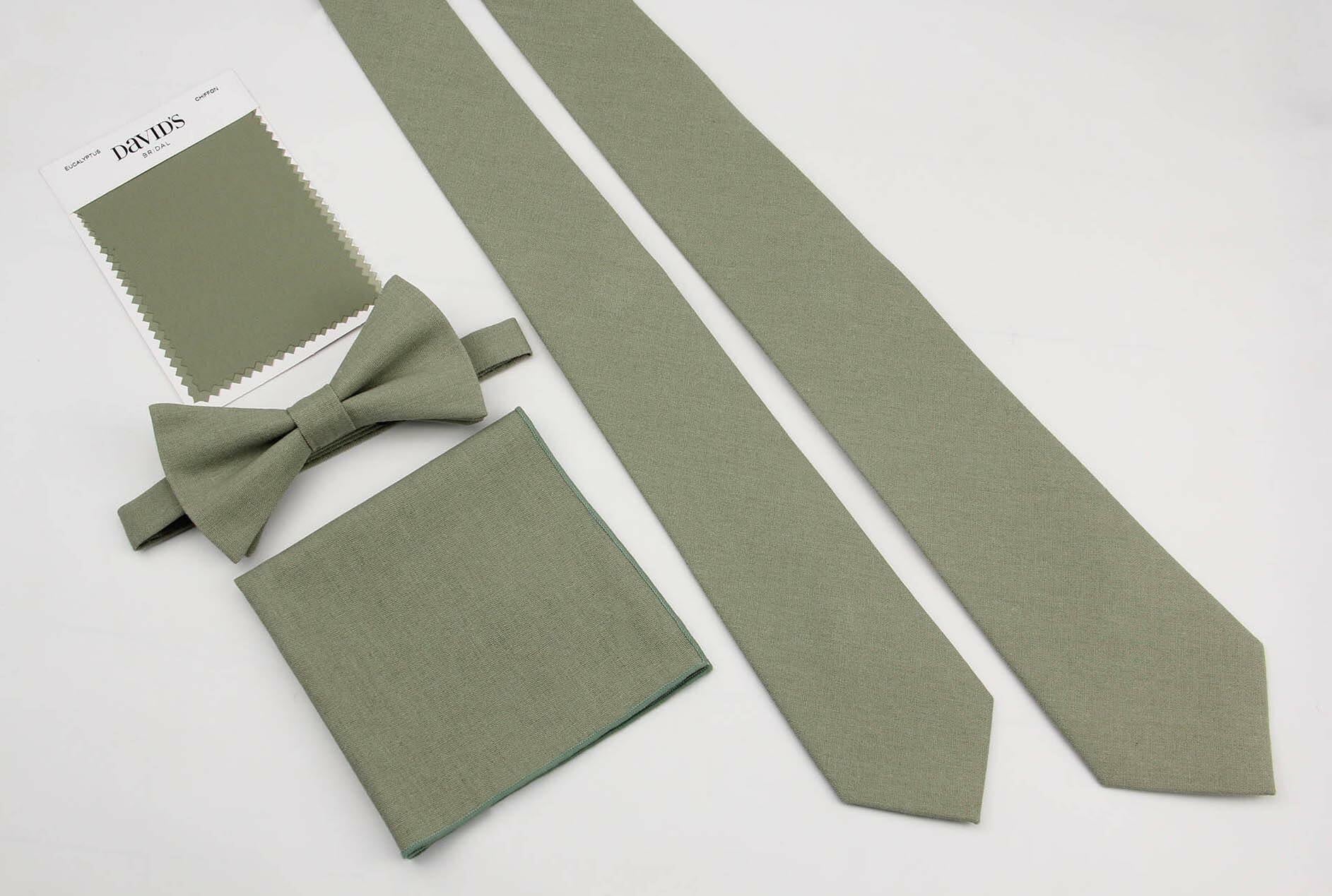 Mens Solid Linen Tie and Pocket Square Set Extra Long Sage Green Size Regular