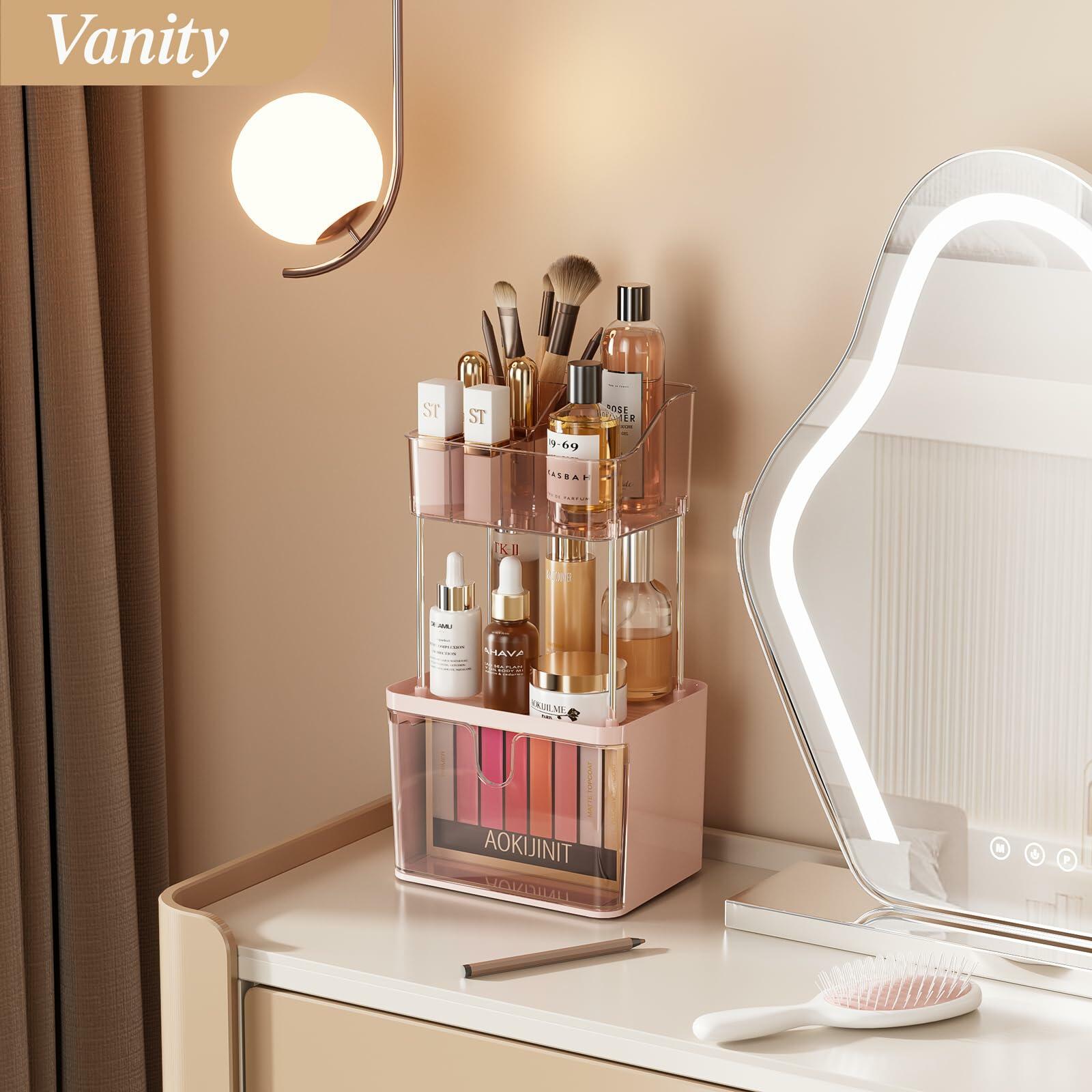 Delamu 3-Tier Makeup Organizer with Drawers & 6-Grid Top Pink Vanity Storage