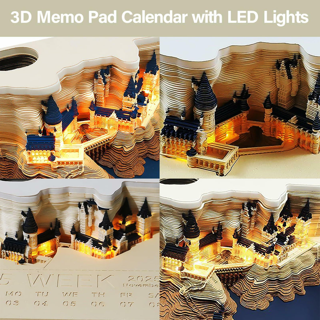 Time Piece 2025 Desk Calendar 3D Carving LED Light Castle Desktop