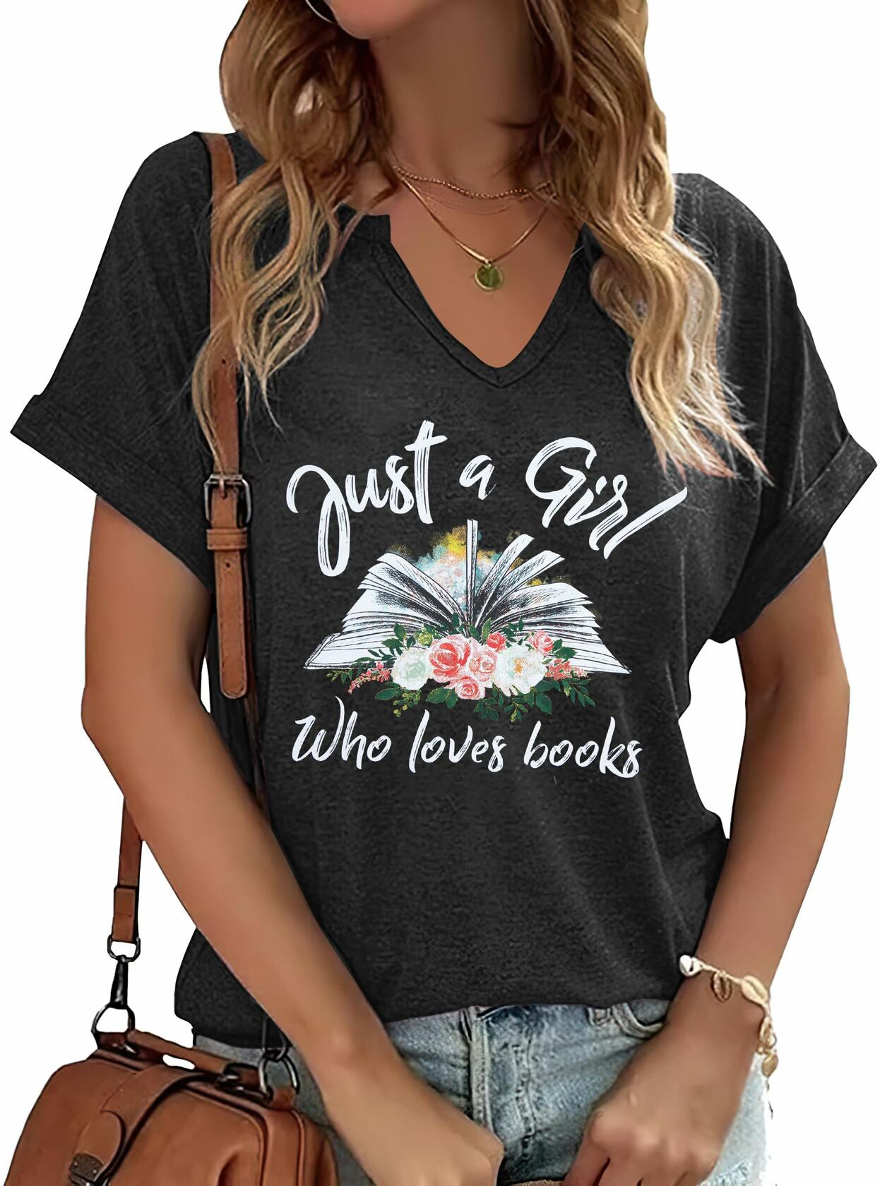 Women Book Lovers Graphic Tee V Neck Short Sleeve Dark Gray - Size M