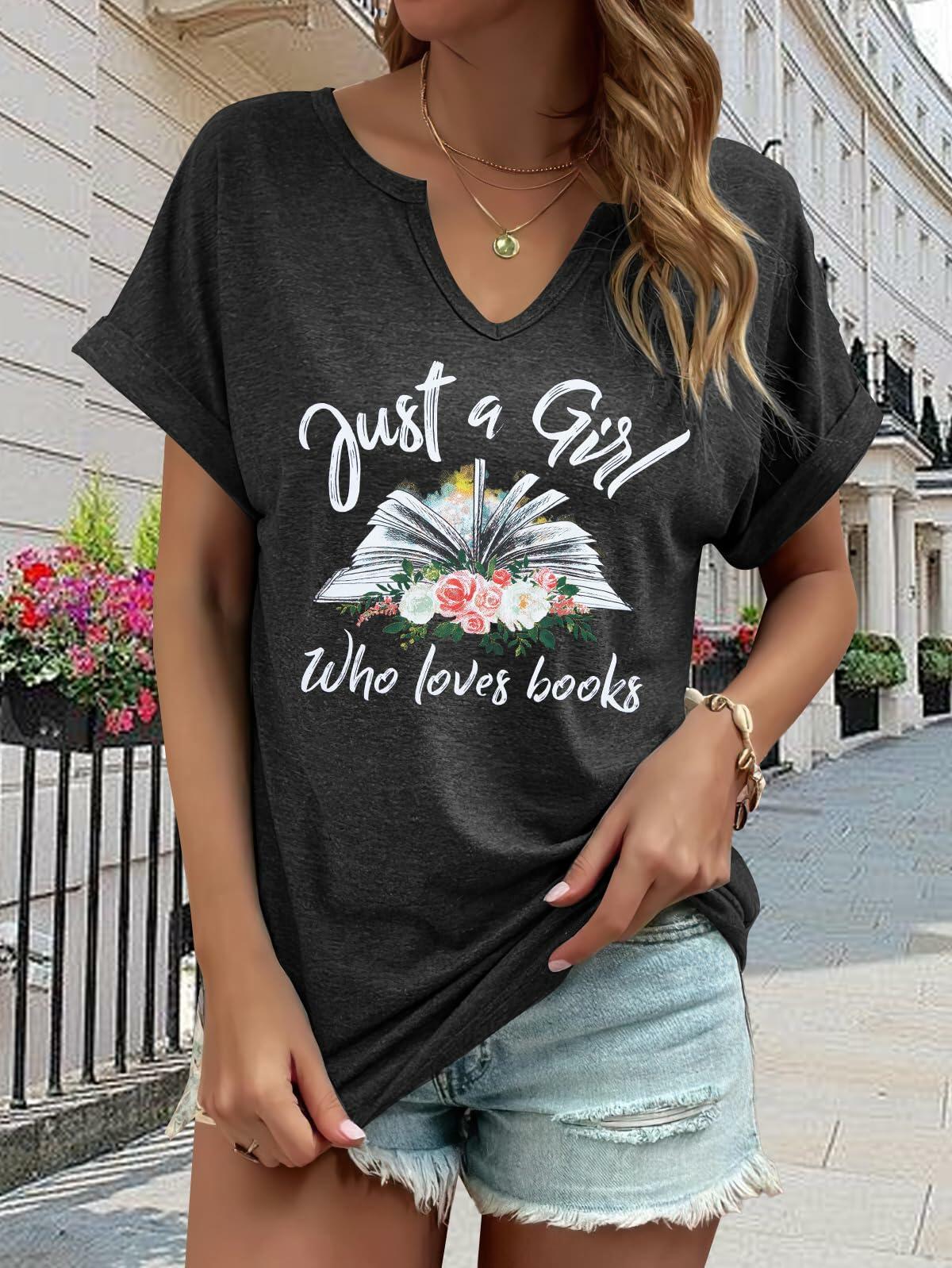 Women Book Lovers Graphic Tee V Neck Short Sleeve Dark Gray - Size M