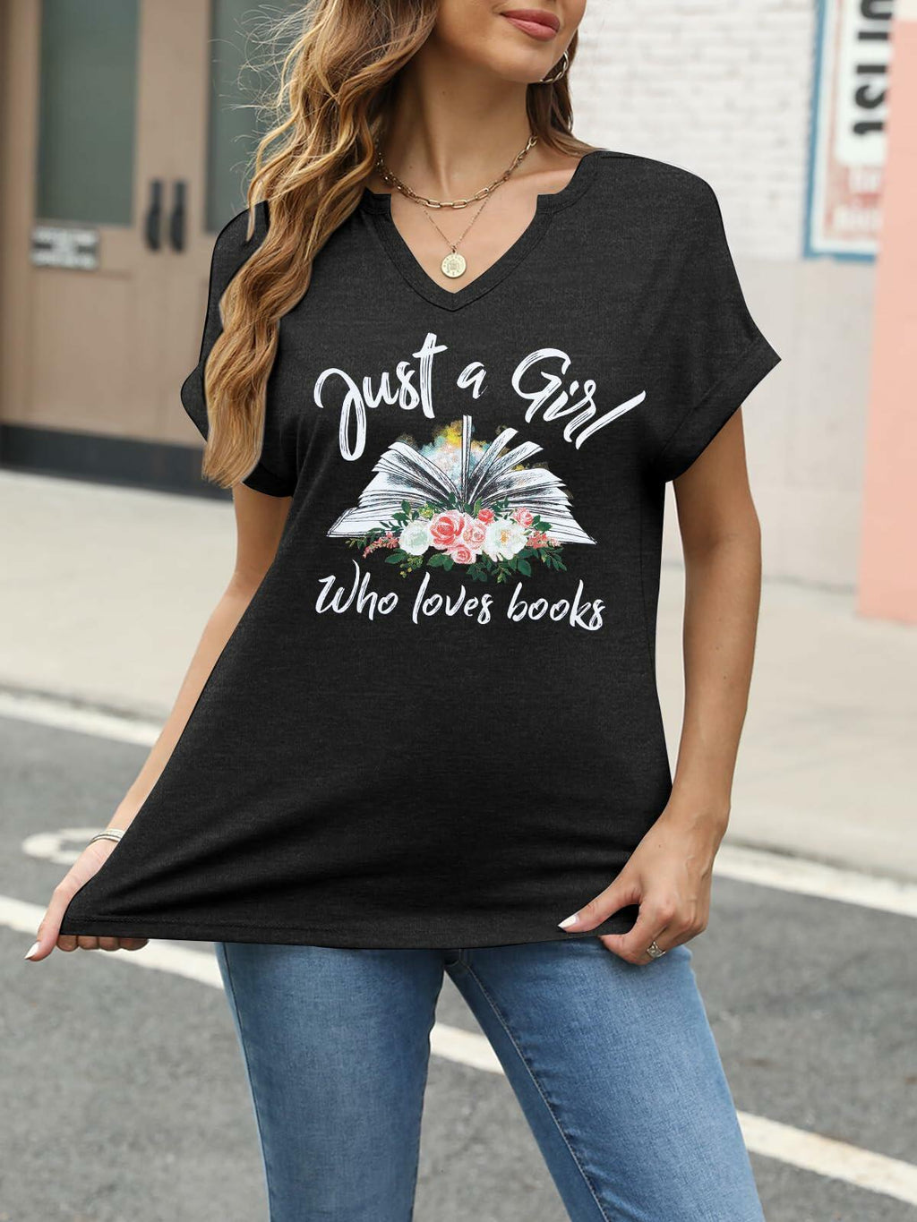 Women Book Lovers Graphic Tee V Neck Short Sleeve Dark Gray - Size M