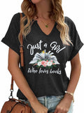 Women Book Lovers Graphic Tee V Neck Short Sleeve Dark Gray Size XL
