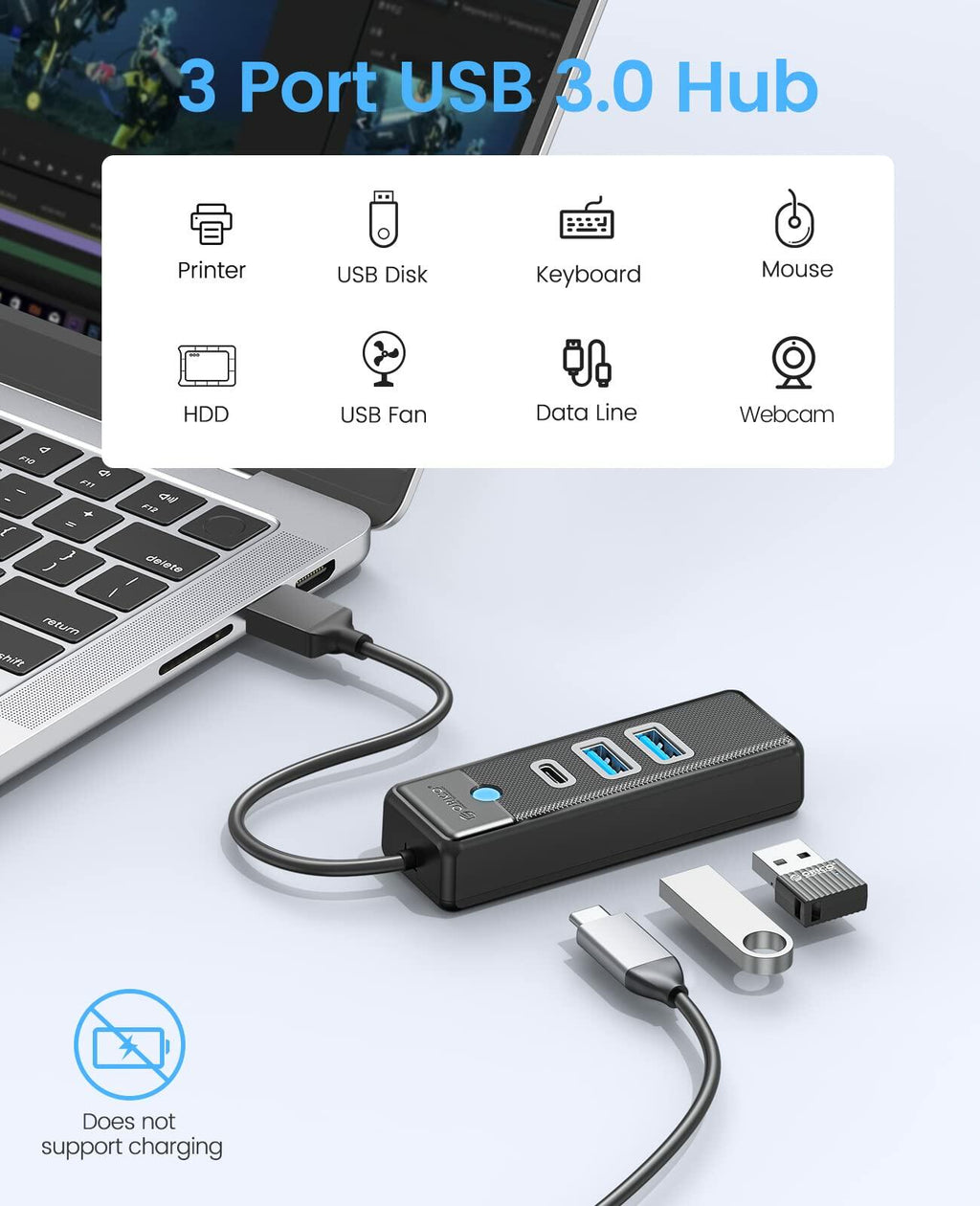 ORICO 4-Port USB 3.0 Hub with 0.49ft Cable Blue Fast Data Transfer