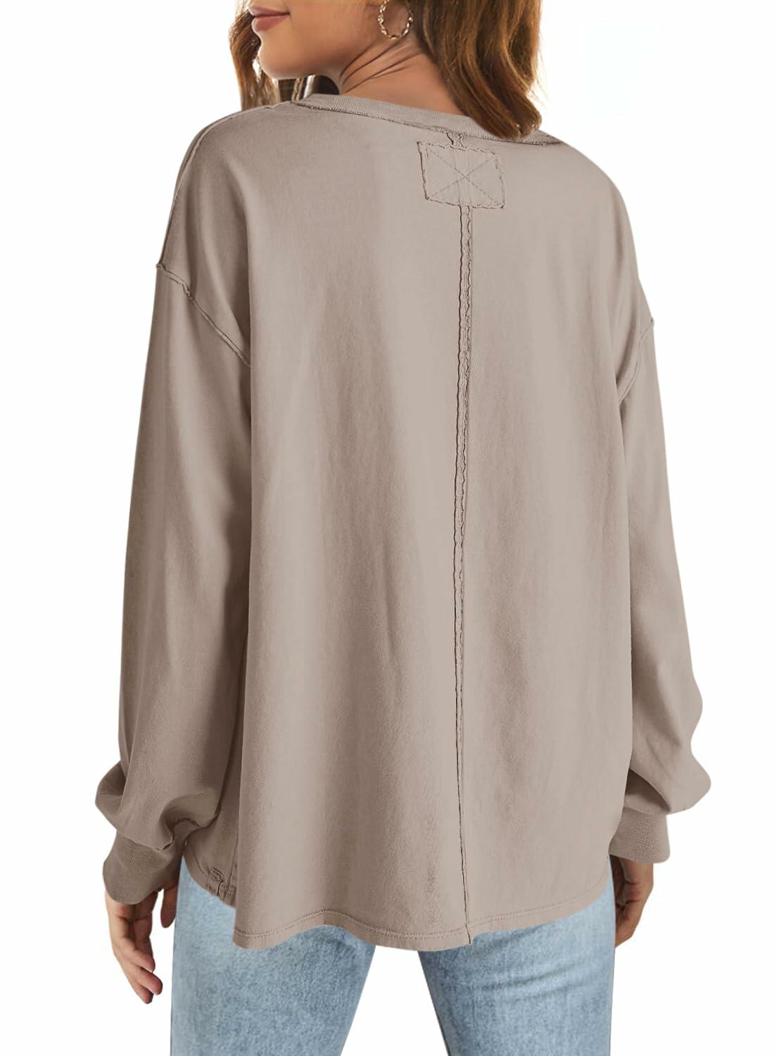 SENSERISE Womens Crewneck Sweatshirt Long Sleeve Pockets Khaki Size L