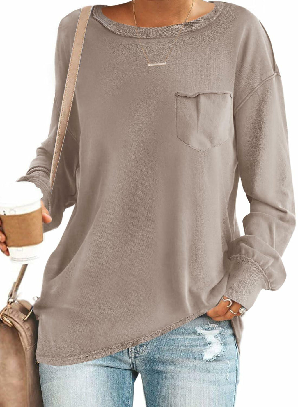 SENSERISE Womens Crewneck Sweatshirt Long Sleeve Pockets Khaki Size L