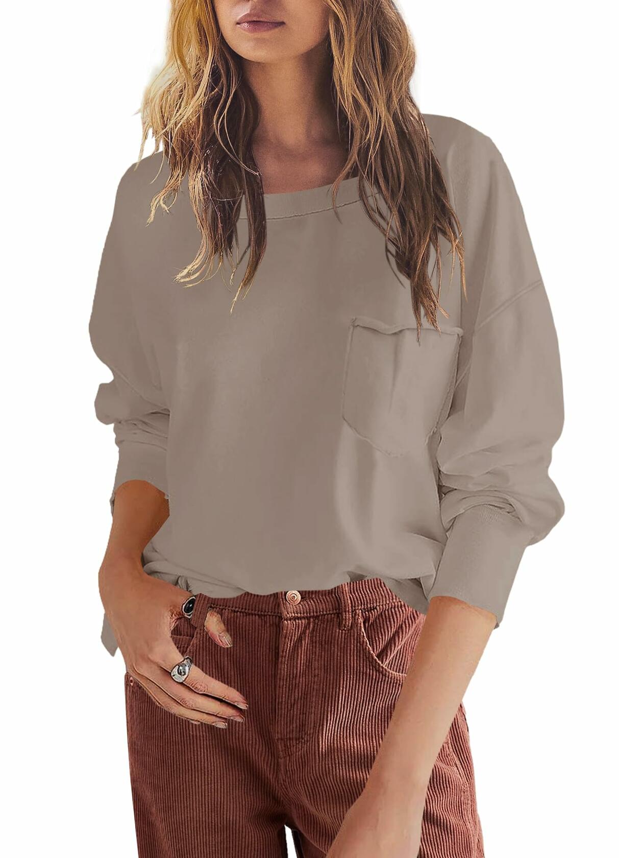 SENSERISE Womens Crewneck Sweatshirt Long Sleeve Pockets Khaki Size L