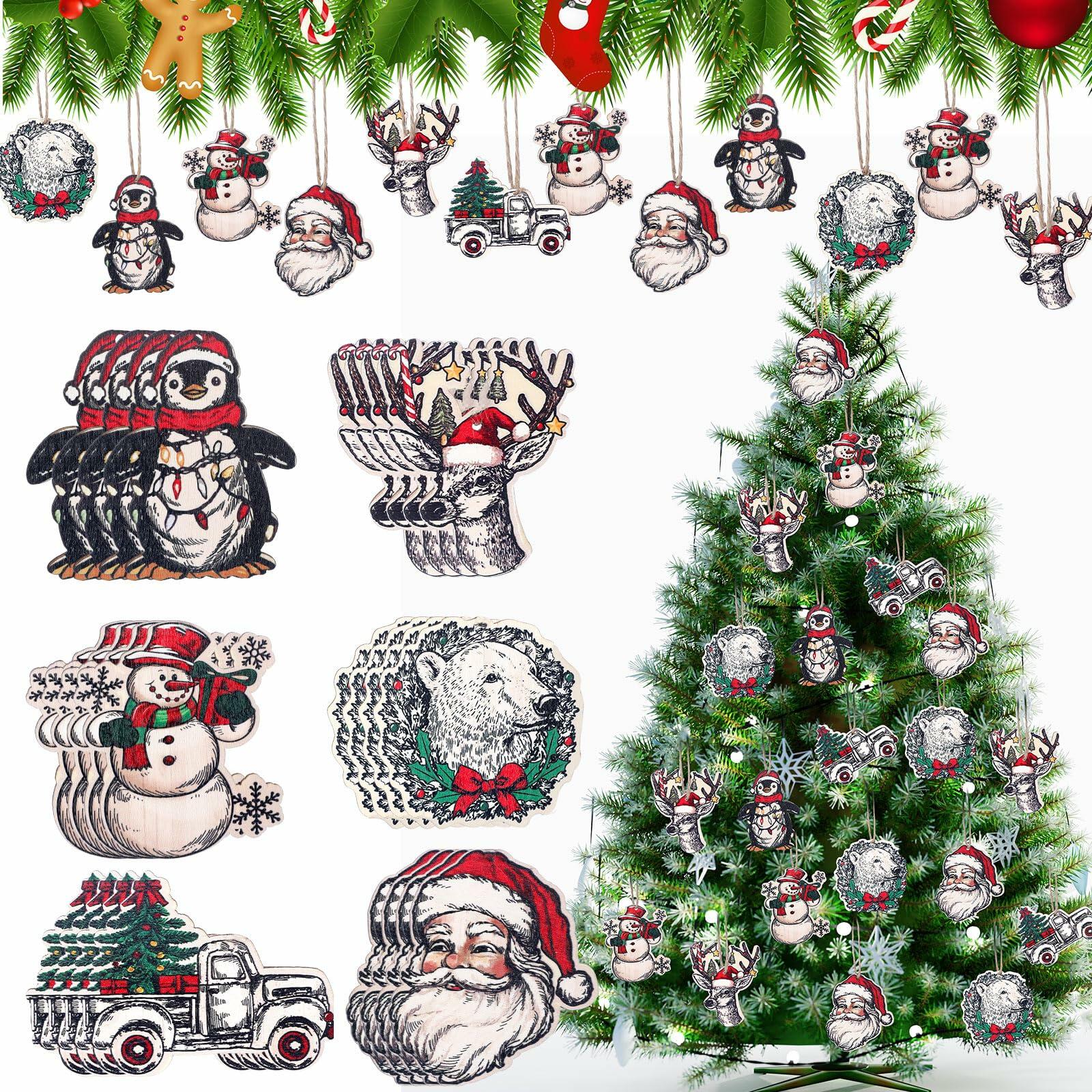 Syhood Vintage Wooden Christmas Ornaments 24 Pcs Snowman Santa Elk Bear